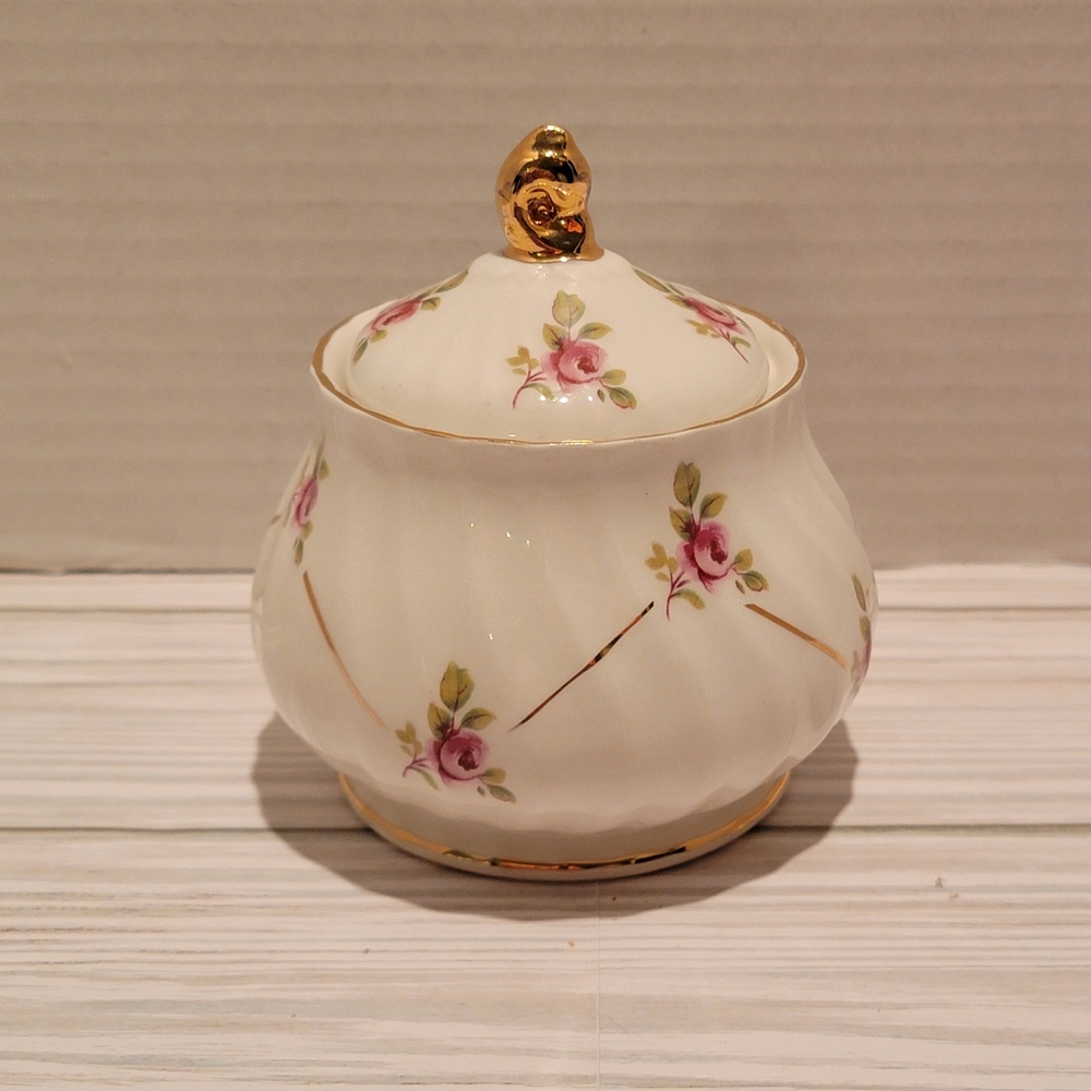 VTG Sadler England Sugar Bowl Swirl Pattern Pink Roses Gold Trim